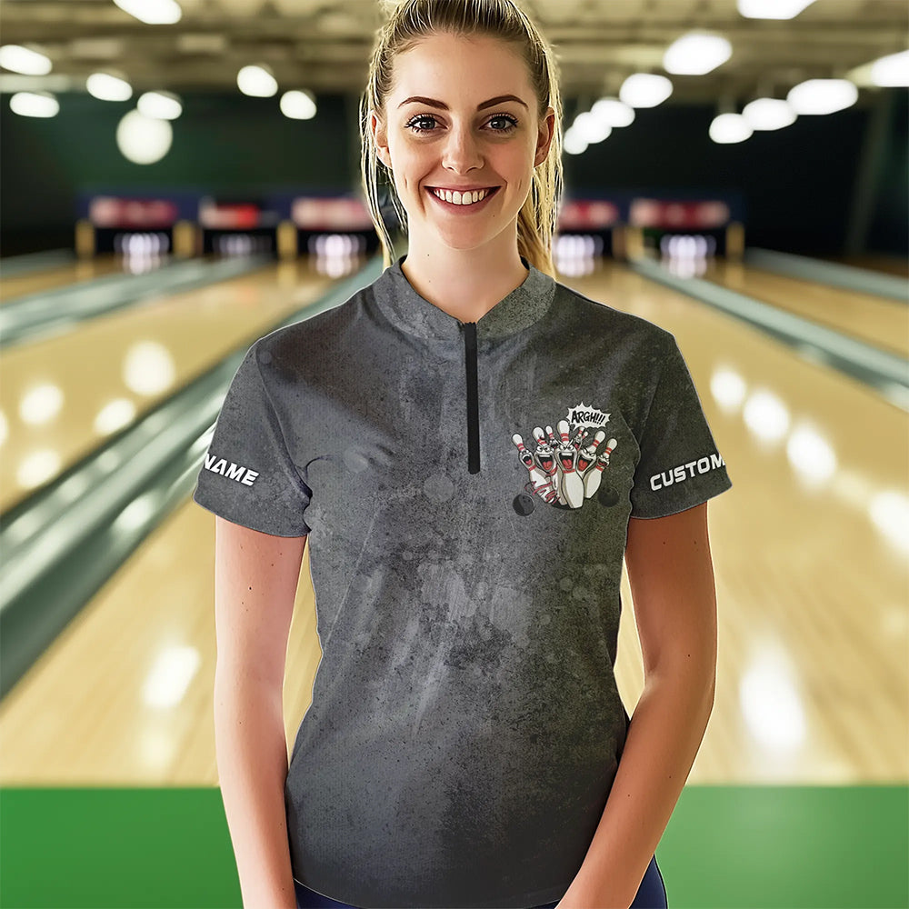 "Angry Bowling Pins Face" individuelle lustige Bowlinghemden für Damen, Vintage-Bowler-Outfits IPHW6696