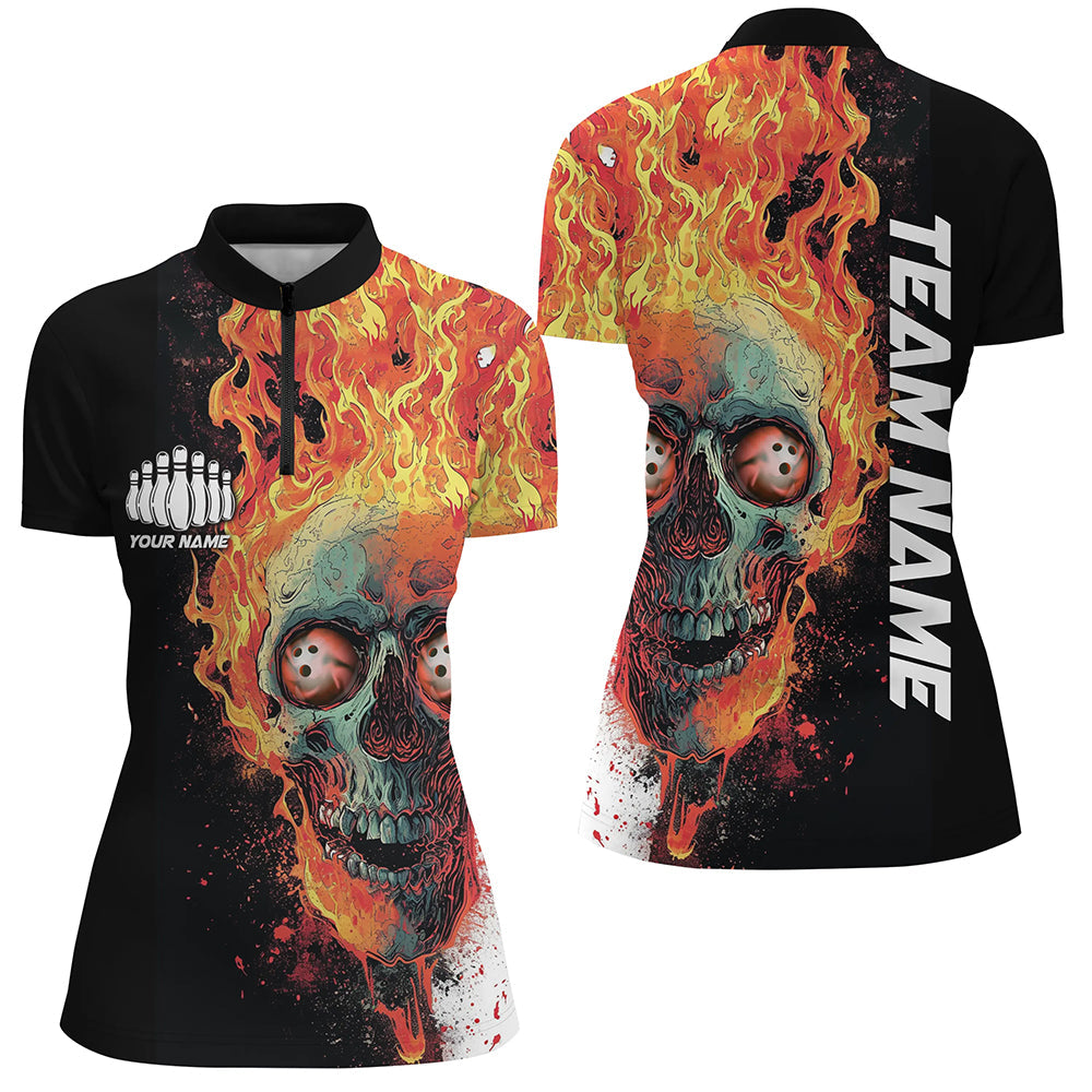 Personalisiertes Schädel-Bowlinghemd für Damen, individuelles Bowlingteam-Flammen-Bowler-Trikot IPHW5811
