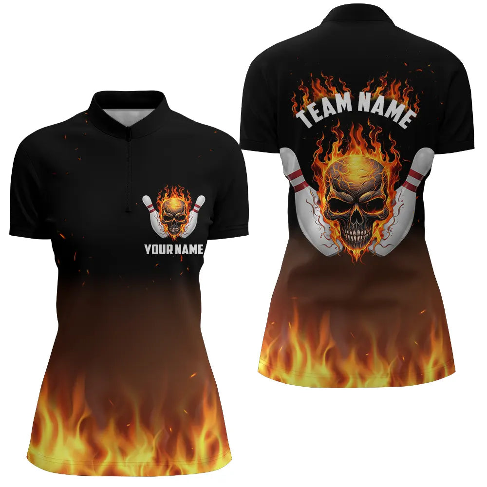 Personalisierte Damen-Bowling-Hemden, Flammen-Totenkopf-Bowling-Trikots für Bowling-Spieler IPHW5159