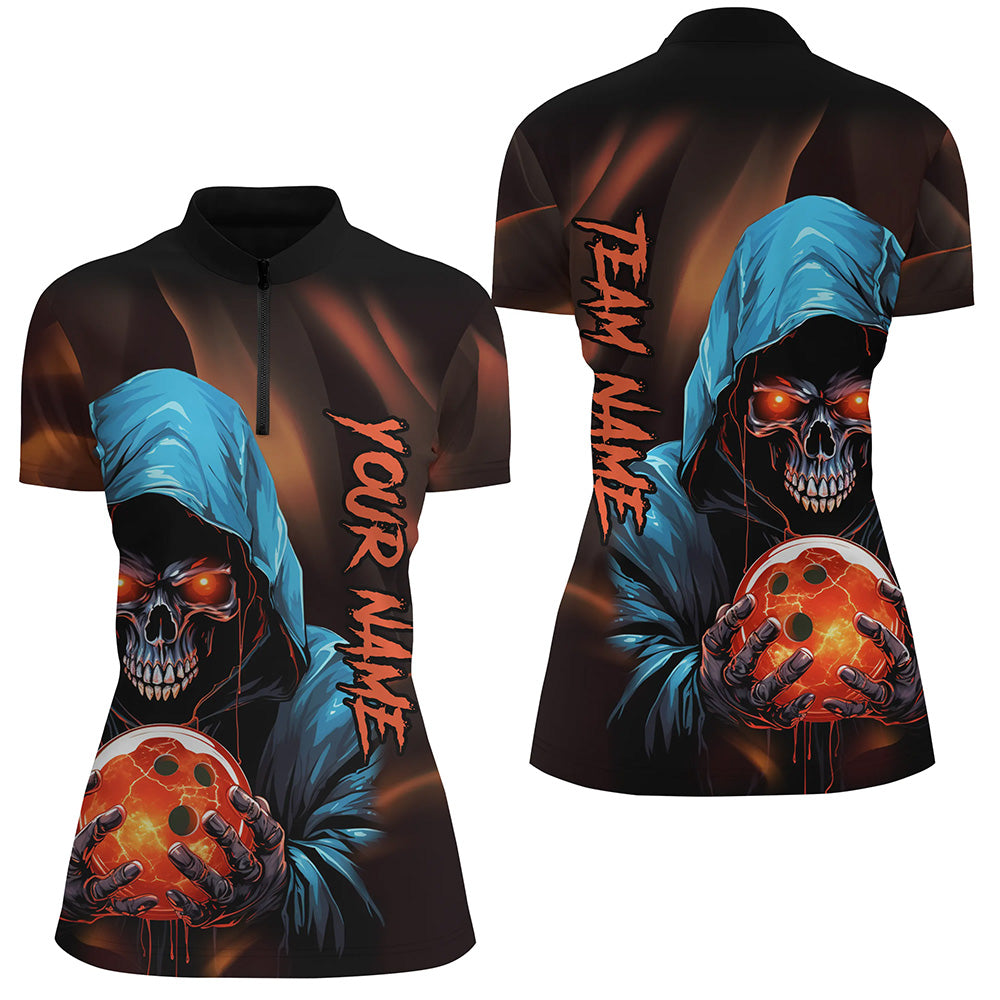 Grim Reaper Bowling, individuelle Damen-Bowling-Quarter-Zip-Hemden, Schädel-Bowlingteam-Trikots IPHW5339