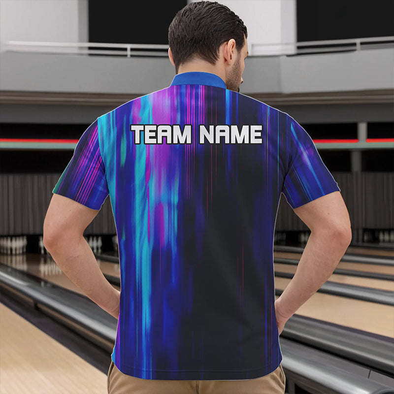 Blau-lila individuelle Bowling-Quarter-Zip-Hemden für Herren, Galaxy-Bowlingteamhemden IPHW6793