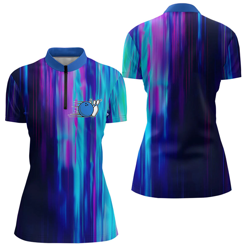 Blau-lila individuelle Bowling-Quarter-Zip-Hemden für Damen, Galaxy-Bowlingteamhemden IPHW6793.1