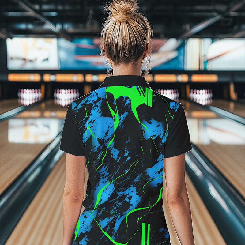 Schwarze, grüne und blaue „Strike“-Bowling-Polohemden, Damen-Bowlingteam-Hemden IPHW5263.1
