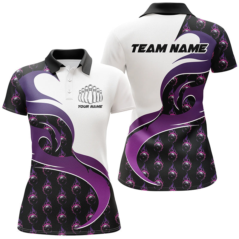 Individuelle lila Flammen-Bowling-Polohemden für Damen, Bowlingteam-Hemden, Bowling-Outfit IPHW6972