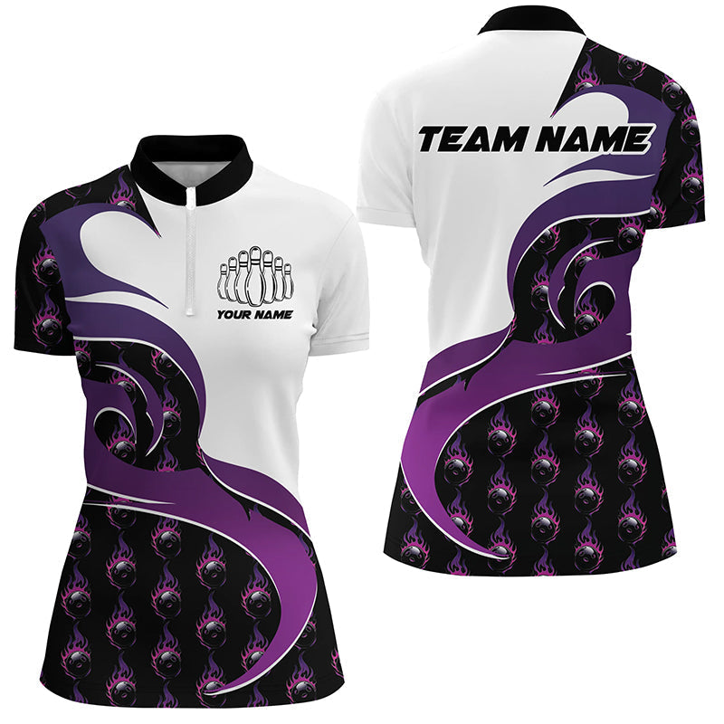 Individuelle lila Flammen-Bowling-Polohemden für Damen, Bowlingteam-Hemden, Bowling-Outfit IPHW6972