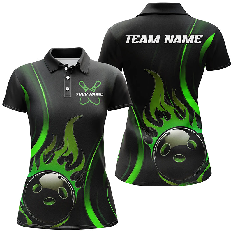 Individuelle grüne Flammen-Bowling-Polohemden für Damen, Team-Bowlingliga-Hemden IPHW6987