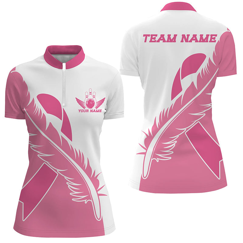 Feder-Schleifen-Brustkrebs-Bewusstseins-Bowlinghemden für Damen, pinke Bowlingtrikots IPHW6674