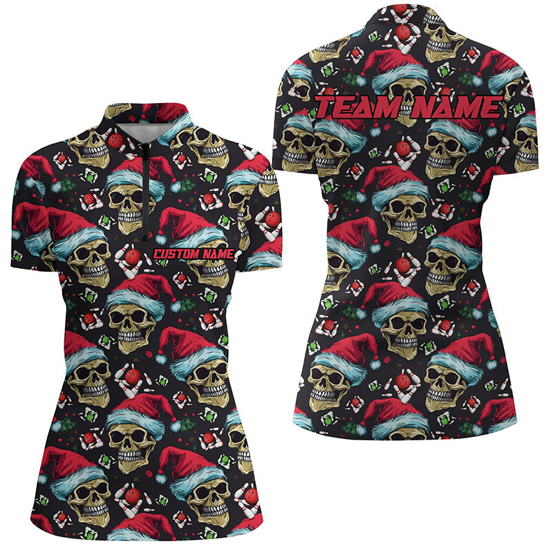 Lustige Weihnachts-Schädel mit Weihnachtsmütze, Damen-Quarter-Zip-Hemden, "Strike"-Bowlingteam-Outfits IPHW5317