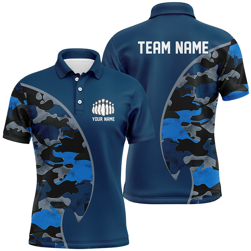 Blau-marine Camouflage individuelle Bowling-Polohemden, Quarter-Zip-Hemden mit Namen und Teamnamen des Bowlers IPHW6679