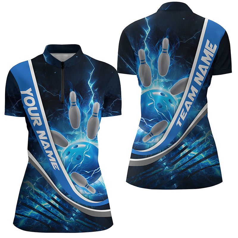 Individuelle blaue Thunder Lightning-Bowling-Quarter-Zip-Hemden für Damen, Bowlingtrikots, Team-Hemden IPHW5322