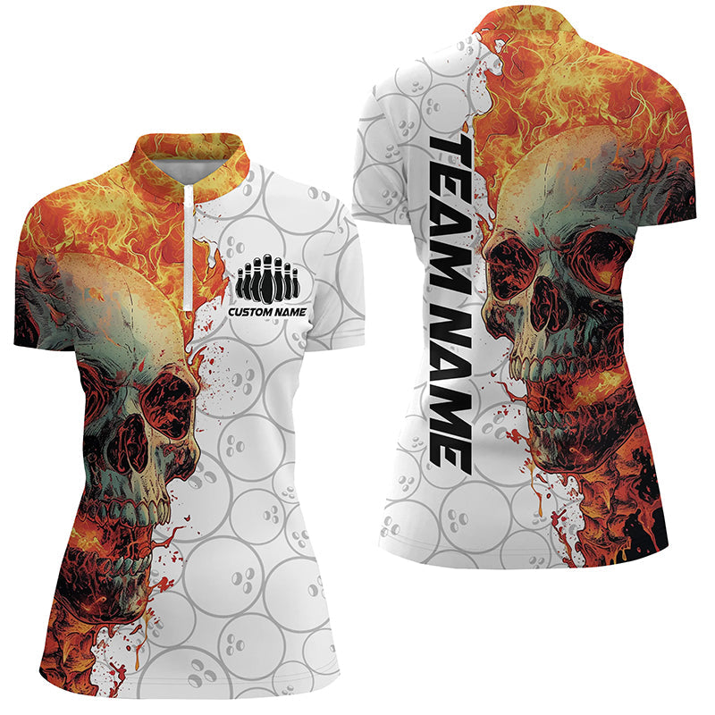 Personalisiertes Schädel-Bowlinghemd für Damen, individuelles Bowlingteam-Flammen-Bowler-Trikot IPHW5810