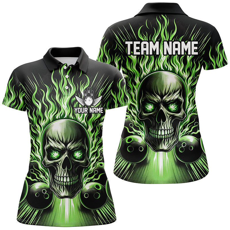 Personalisiertes Schädel-Bowlinghemd für Damen, individuelles Bowlingteam-Flammen-Bowler-Trikot | Grün IPHW5819