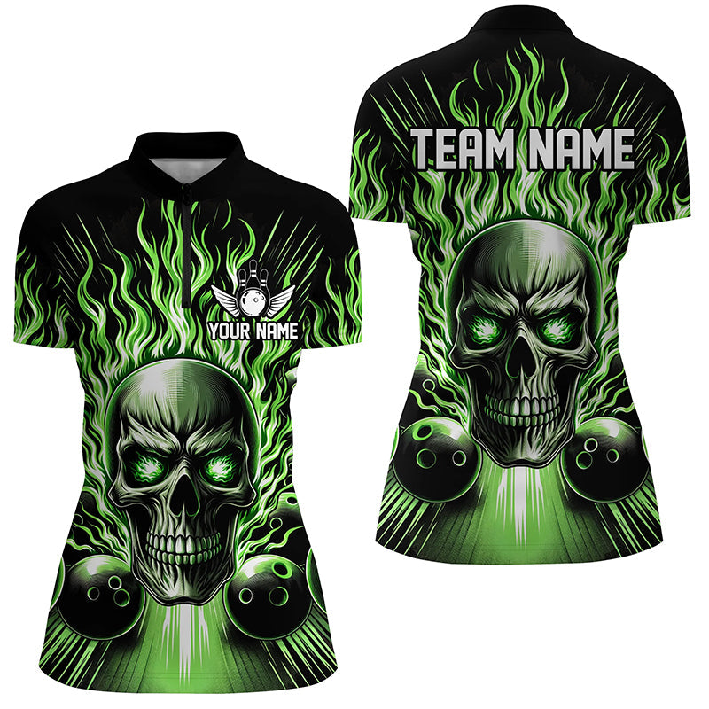 Personalisiertes Schädel-Bowlinghemd für Damen, individuelles Bowlingteam-Flammen-Bowler-Trikot | Grün IPHW5819