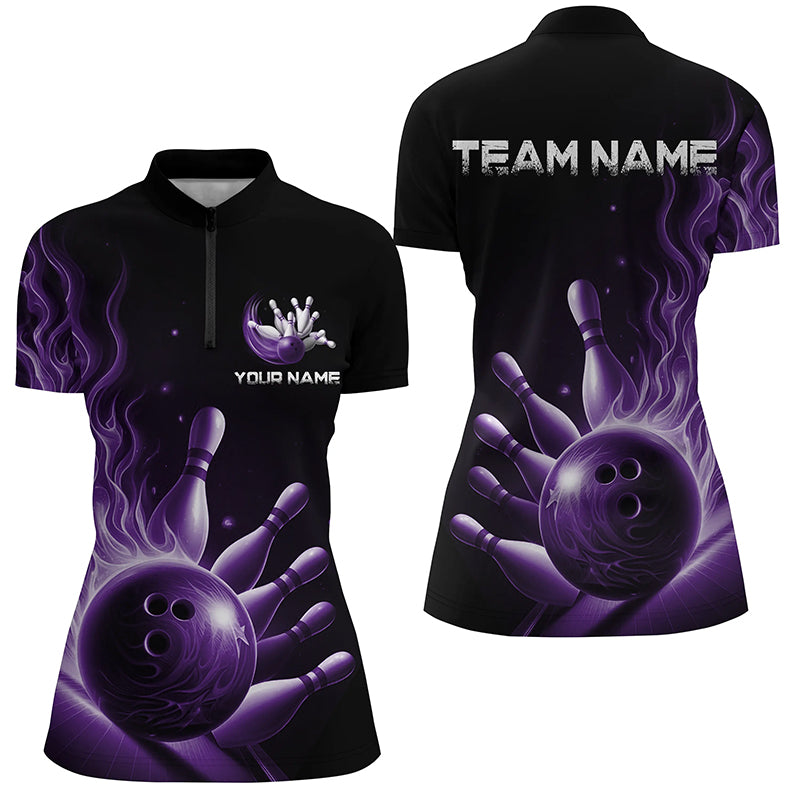 Personalisierte lila Flammen-Bowling-Polohemden für Damen, Bowlingteam-Trikots, "Strike"-Bowling IPHW5823