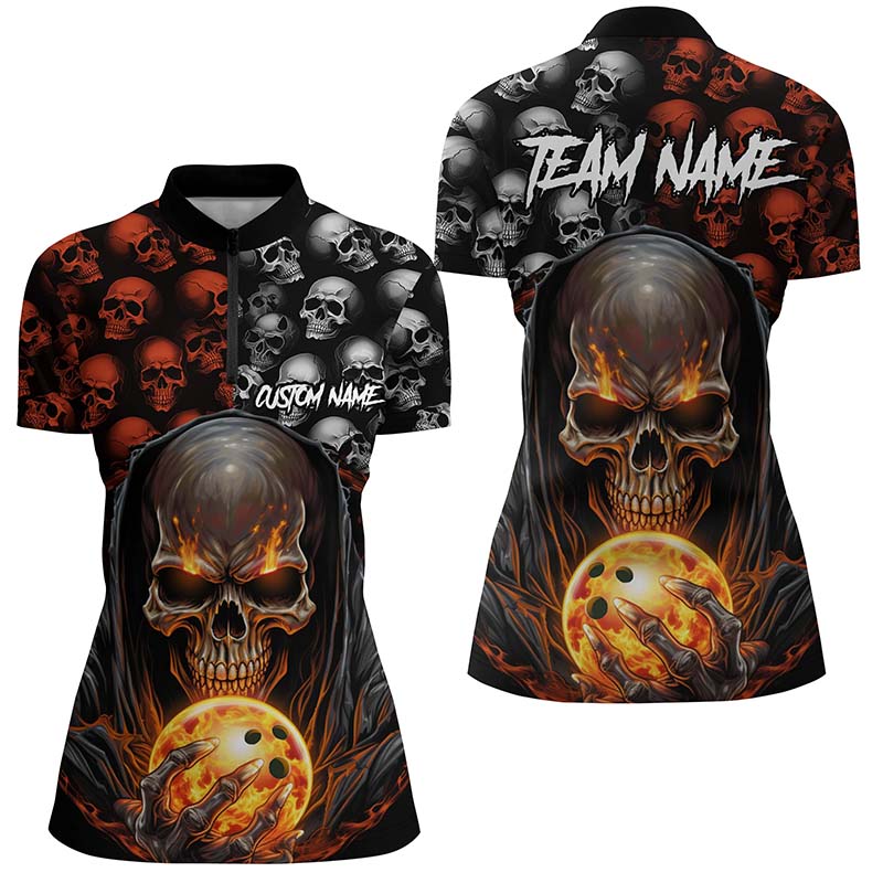 Individuelle Schädel-Bowling-Quarter-Zip-Hemden für Damen, Bowlingteam-Trikots, Halloween-Outfits IPHW5346