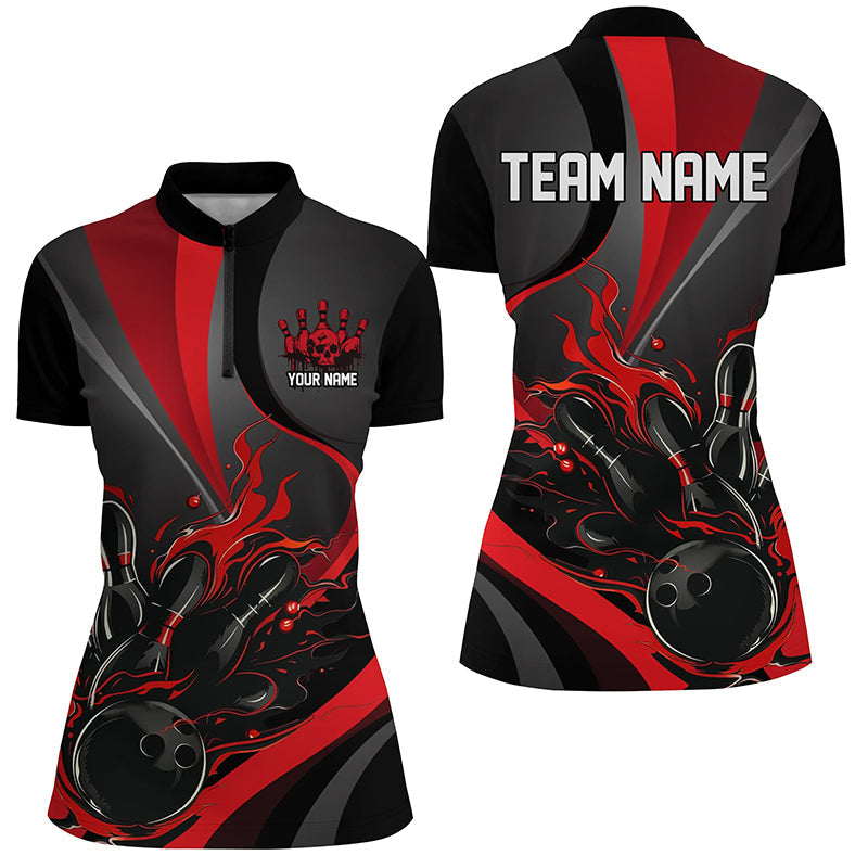 Rot-schwarze Flammen-Bowlingteam-Hemden, Bowling-Kurzarm-Quarter-Zip-Hemden für Damen IPHW6755