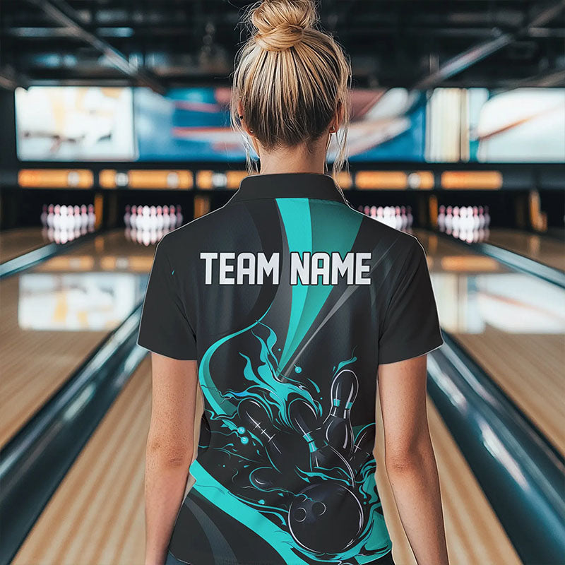 Blau-schwarze Flammen-Bowlingteam-Hemden, "Strike"-Bowling-Kurzarm-Polohemden für Damen IPHW6756