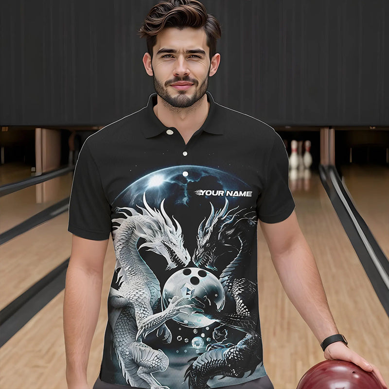 Schwarzweiße individuelle Drachen-Bowlinghemden für Herren, Drachen-Bowlingliga-Outfits IPHW7064