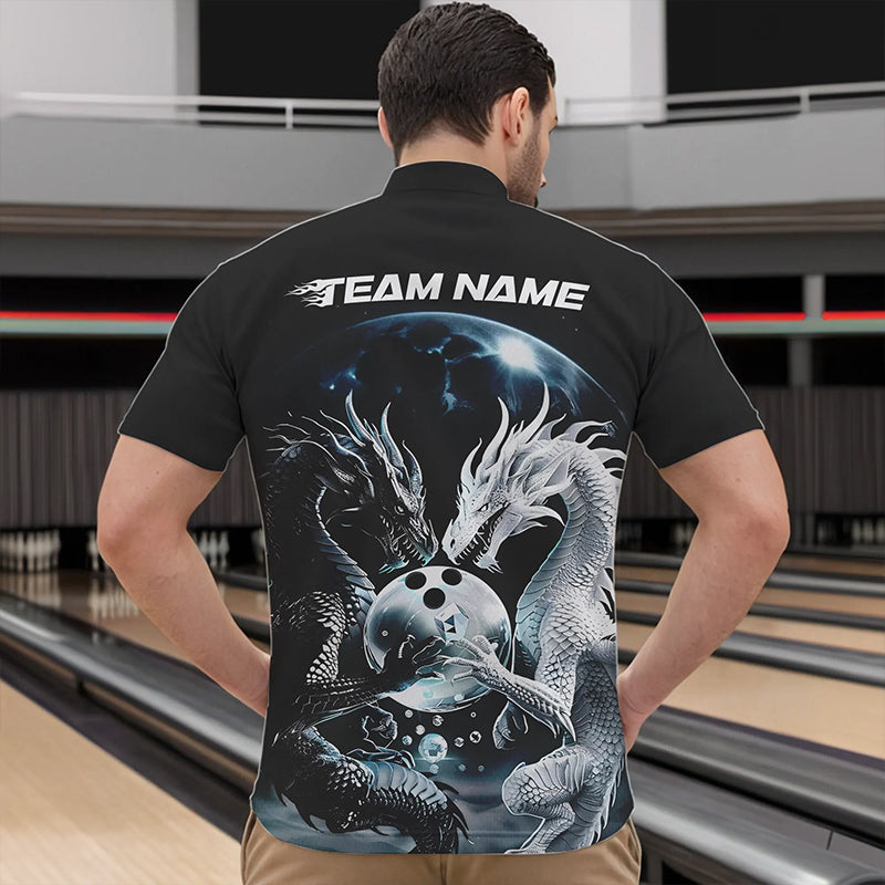 Schwarzweiße individuelle Drachen-Bowlinghemden für Herren, Drachen-Bowlingliga-Outfits IPHW7064