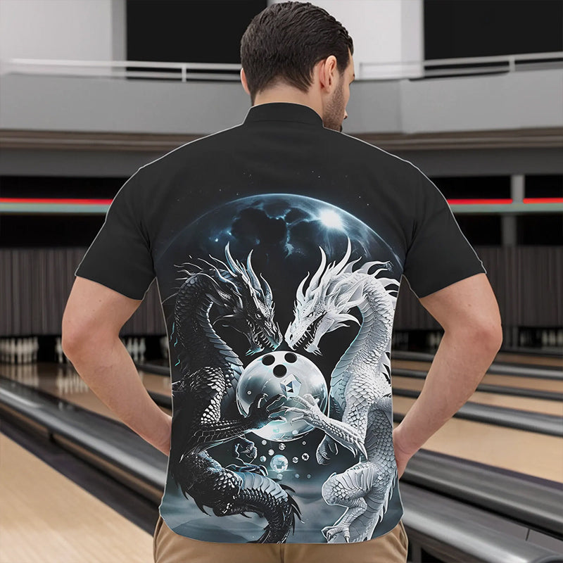Schwarzweiße Drachen-Bowlinghemden für Herren, Drachen-Bowlingliga-Outfits IPHW7064.1