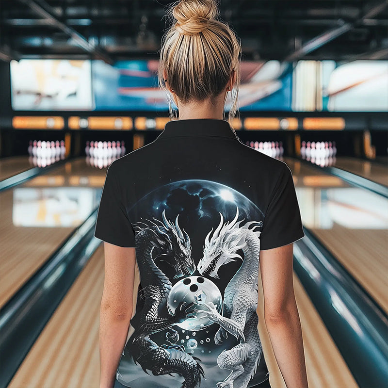 Schwarzweiße Drachen-Bowlinghemden für Damen, Drachen-Bowlingliga-Outfits IPHW7064.1