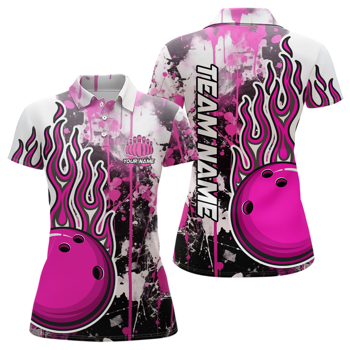 Pinke Camo-Flammen-Bowling-Polohemden für Damen, individuelle Bowlingteam-Trikots, Bowlingliga-Hemden IPHW5410