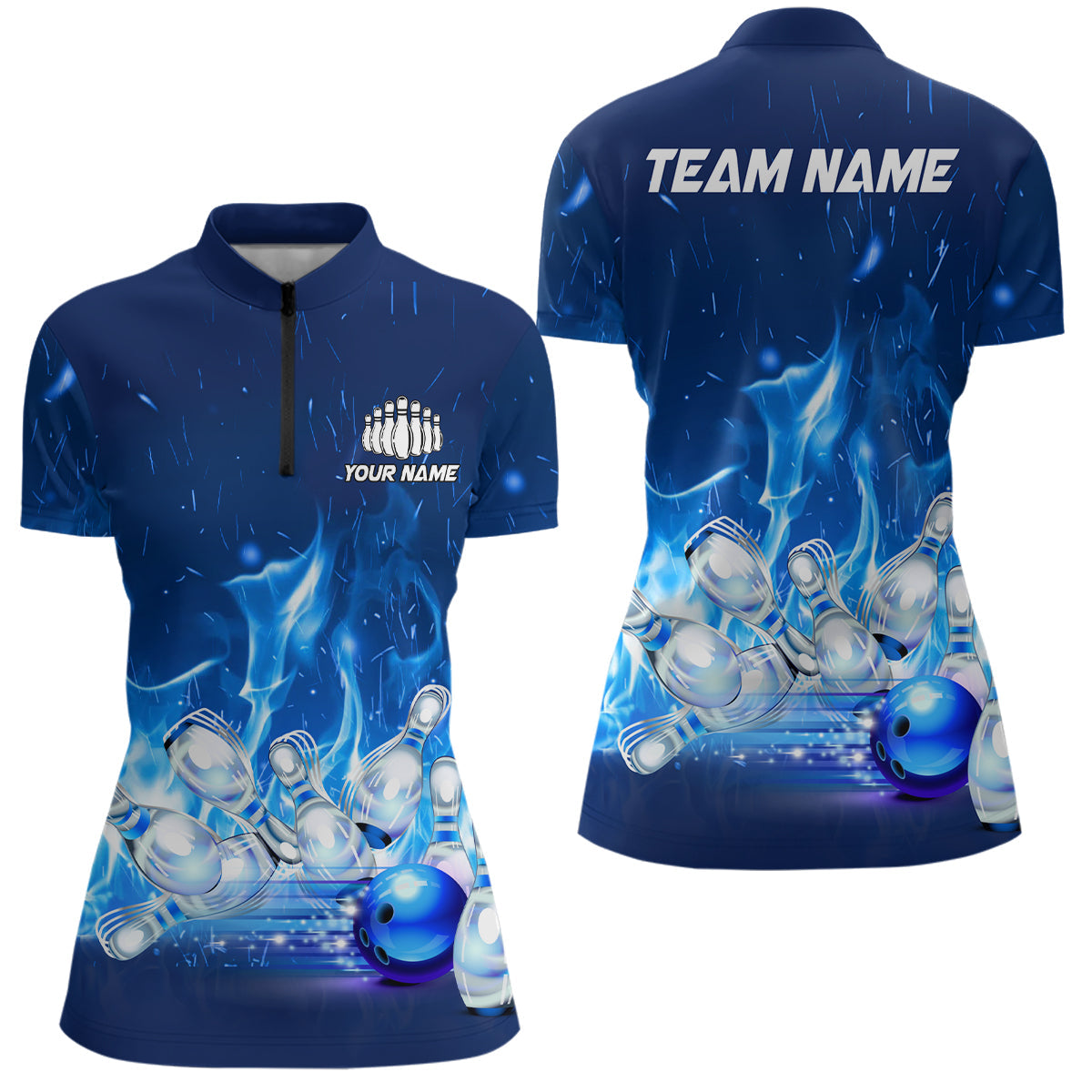 Individuelle Bowlinghemden für Damen, blaue Flammen-Bowlingteam-Trikots, Bowlingliga-Outfits, Bowler-Geschenke IPHW5493