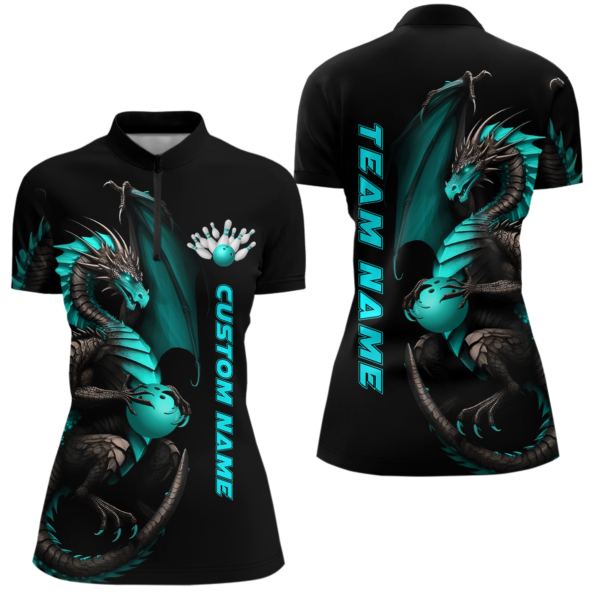 Individuelle cyanfarbene Drachen-Bowling-Quarter-Zip-Hemden für Damen, Bowlingteam-Trikots, Bowler-Outfit IPHW5332
