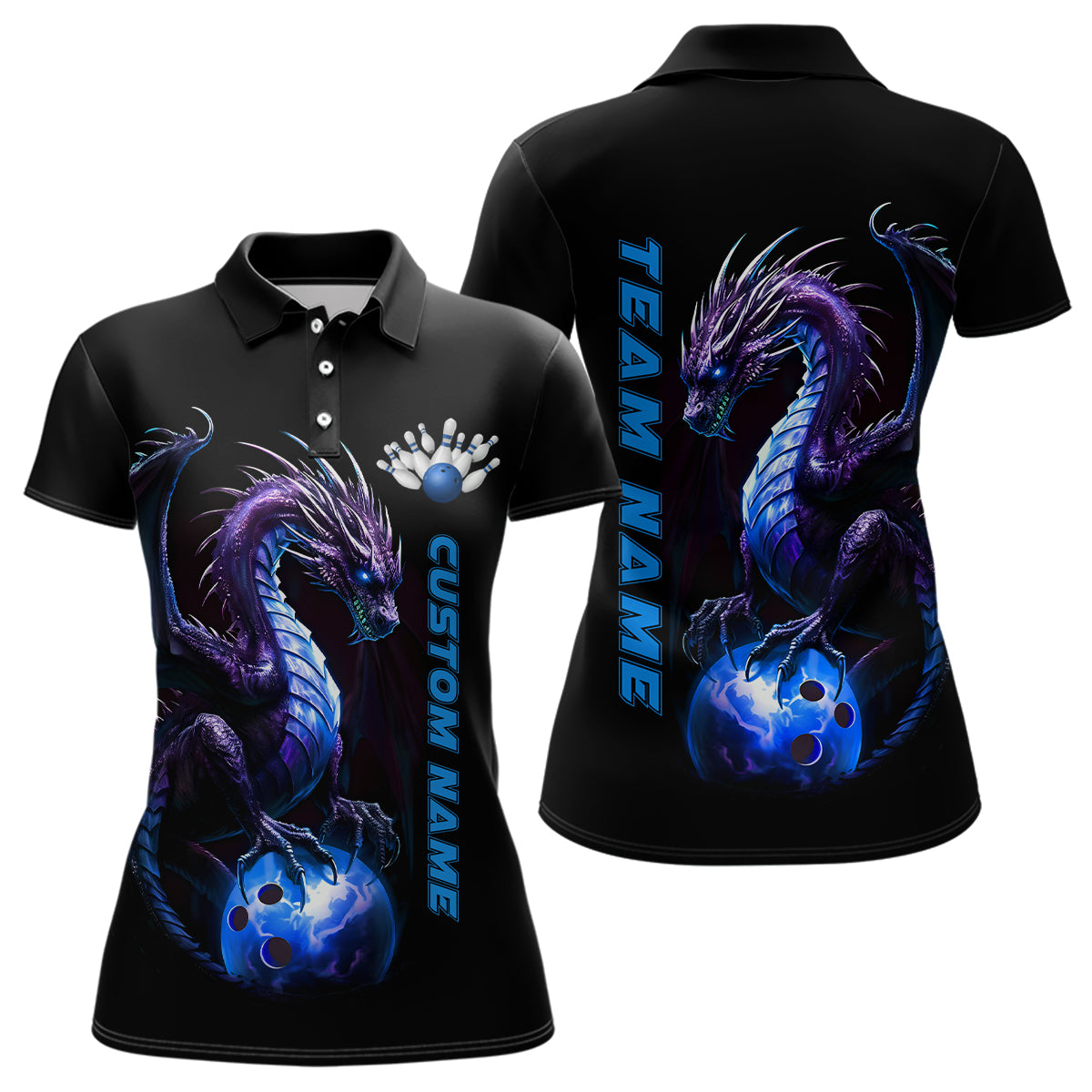 Personalisierte blaue Drachen-Bowlingteam-Trikots für Damen, Polohemden, Bowlingliga-Hemden IPHW5353