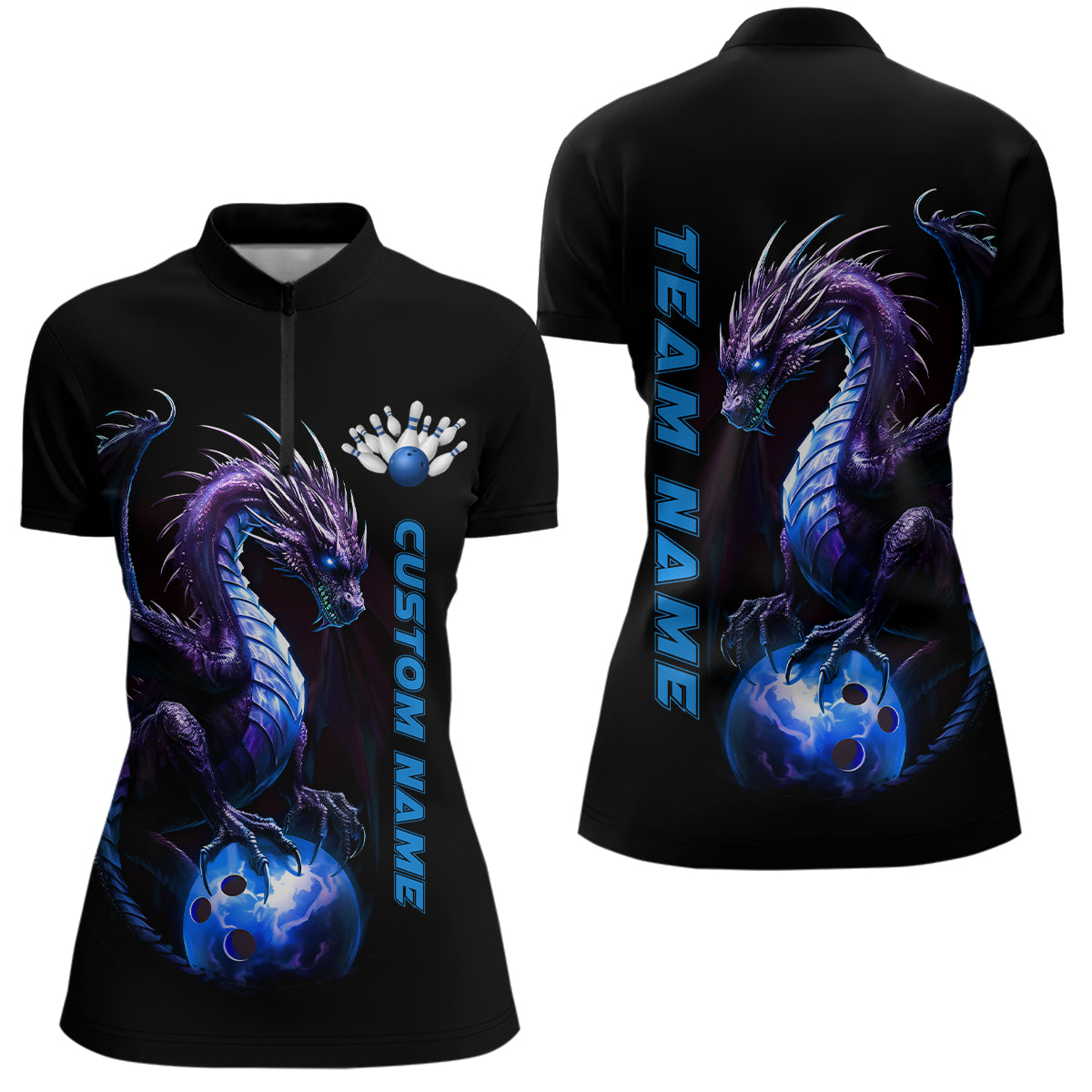 Personalisierte blaue Drachen-Bowlingteam-Trikots für Damen, Quarter-Zip-Hemden, Bowlingliga IPHW5353