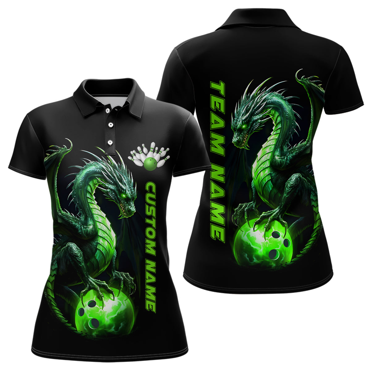 Personalisierte grüne Drachen-Bowlingteam-Trikots für Damen, Polohemden, Bowlingliga-Hemden IPHW5354
