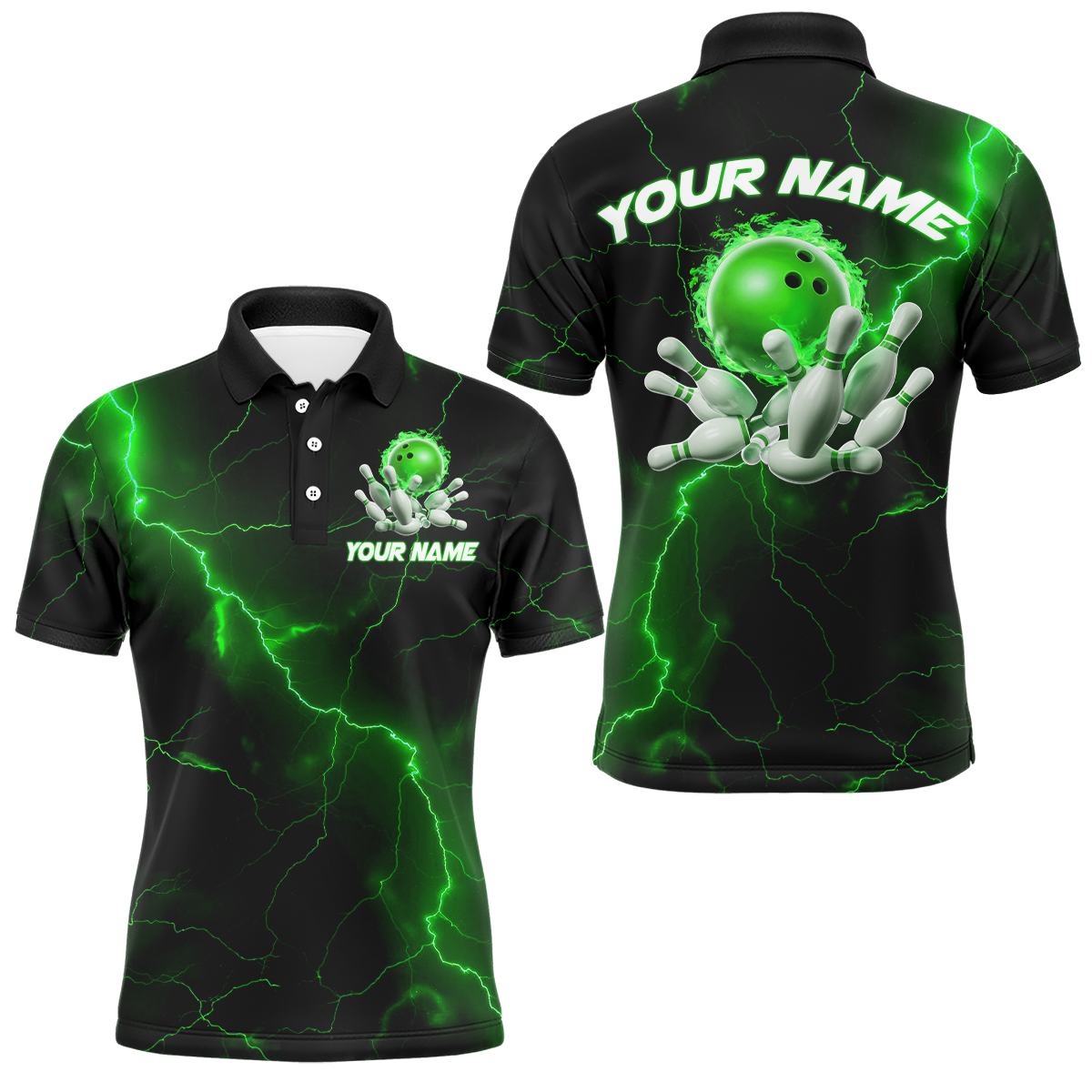 Grüne "Thunder Lightning"-Flammen-Bowlingkugel, individuelle Bowlingteam-Hemden für Herren und Damen, Bowler IPHW6717