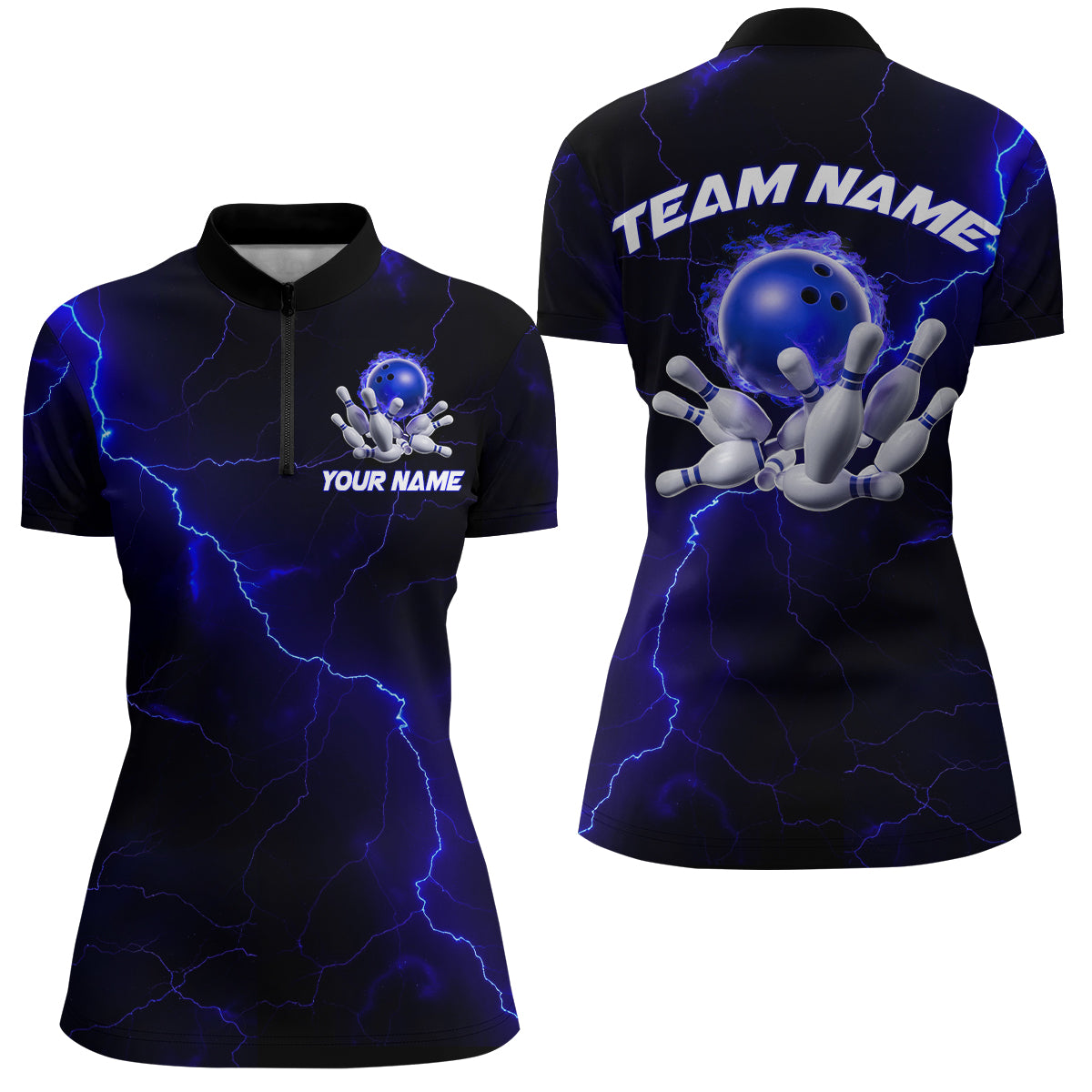 Blaue "Thunder Lightning"-Flammen-Bowlingkugel, individuelle Bowlingteam-Hemden für Damen, Bowler IPHW6716