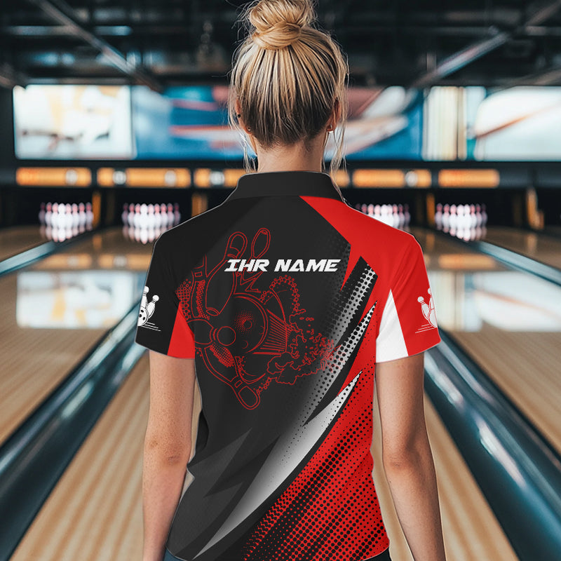Rot-schwarze Bowlingkugeln und Pins, personalisierbare Bowlinghemden mit Viertelreißverschluss für Damen, Bowlingtrikot NQS4847