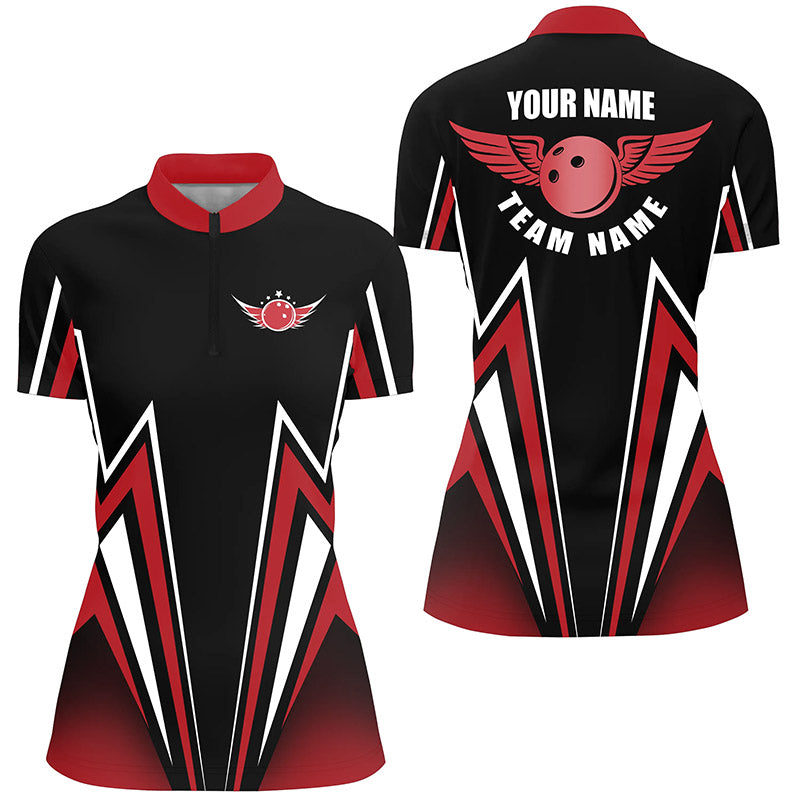 Rot-schwarzes Bowling-Hemd mit Viertelreißverschluss, personalisiertes Blitz-Shirt für Frauen, Bowling-Team-Trikots NQS4701