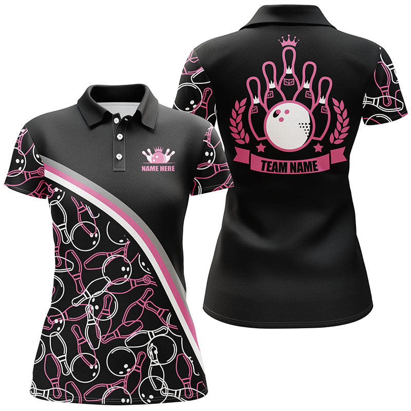 Personalisierte Bowling-Poloshirts für Damen, maßgeschneidertes pinkfarbenes Bowlingmuster, Bowling-Teamtrikots NQS5441