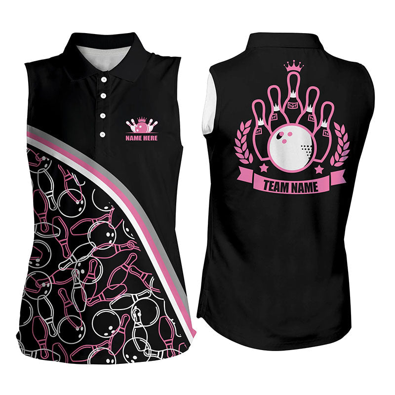 Personalisierte ärmellose Bowling-Poloshirts für Damen Benutzerdefiniertes pinkes Bowling-Muster, Team-Shirts NQS5441