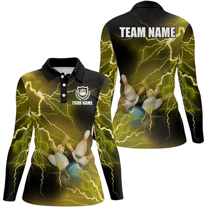 Damen-Bowling-Poloshirts – Individuelle gelbe Blitz-Bowling-Team-Trikots, Geschenk für Team-Bowler NQS6378