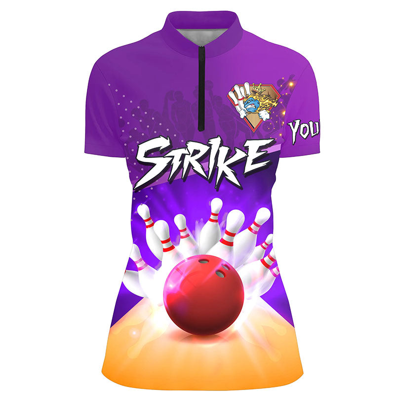 Damen-Bowling-Quarter-Zip-Shirt – Individuelle Bowlingkugel und Pins, Lila Team-Bowler-Trikots NQS5948