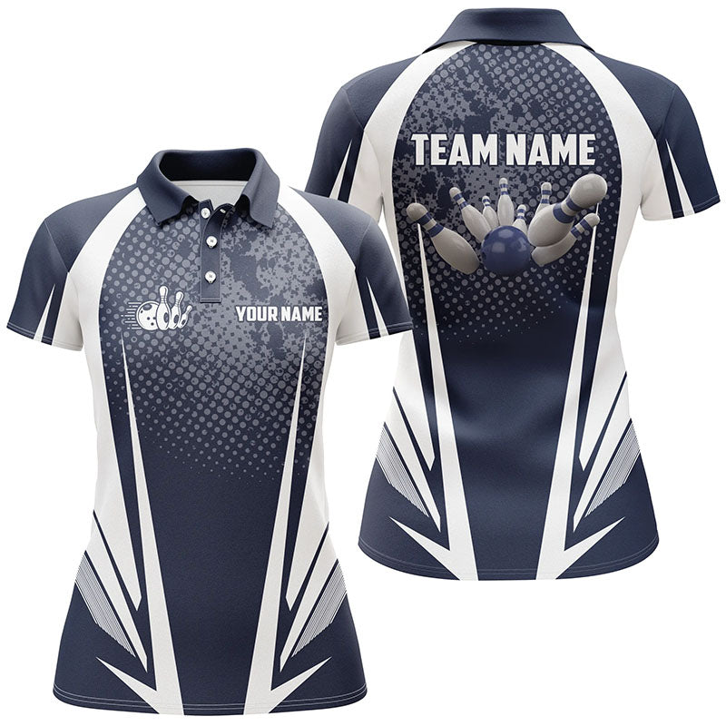 Damen-Bowling-Poloshirt – Individuelle Bowlingkugel und Pins, Marineblau-Weiß Team-Bowler-Trikots NQS5964