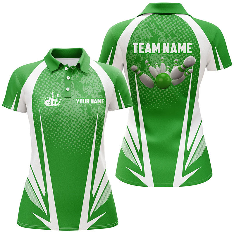 Damen-Bowling-Poloshirt – Individuelle Bowlingkugel und Pins, Grün-Weiß Team-Bowler-Trikots NQS5965
