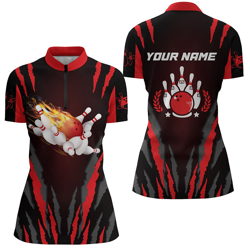 Damen-Bowlinghemd mit Viertelreißverschluss, maßgeschneiderte Flammen-Bowlingkugel und Pins Bowling-Trikots, Bowling-Geschenke NQS4397