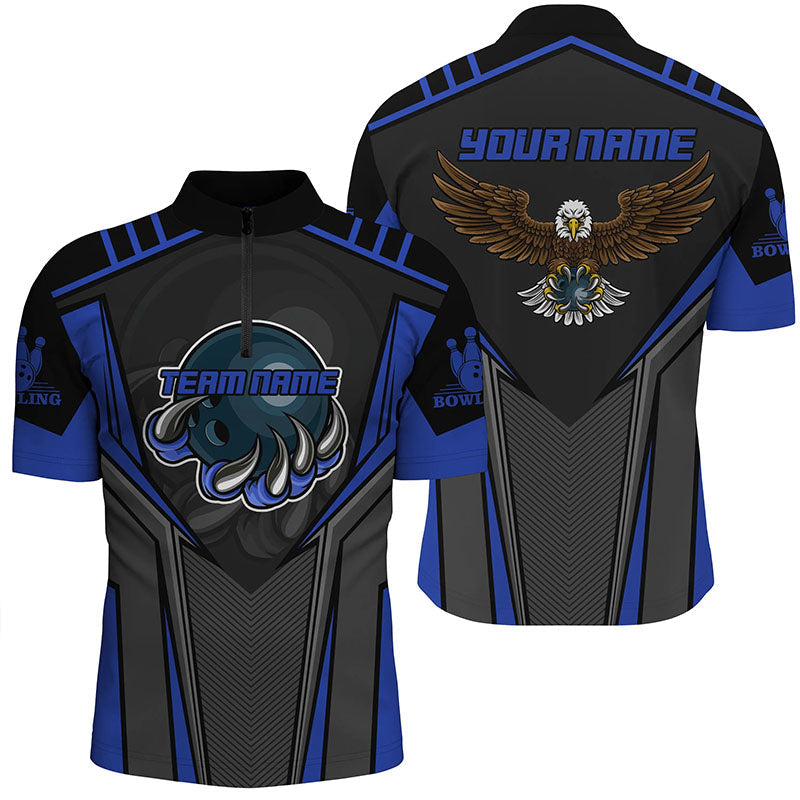 Benutzerdefinierter Name und Teamname Bowling-Quarter-Zip-Shirt für Herren, Adler Herren-Bowling-Teamshirts | Blau NQS4631