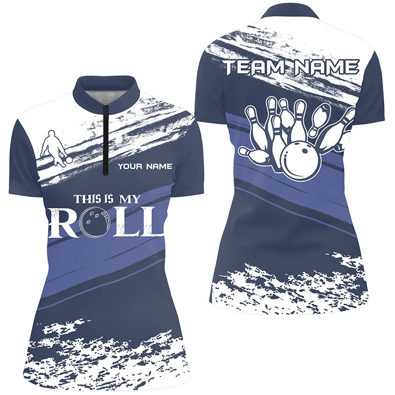 Damen-Bowling-Quarter-Zip-Shirt – Individueller Name, marineblau-weißes Team-Bowler-Trikot „This is my roll“ NQS5869