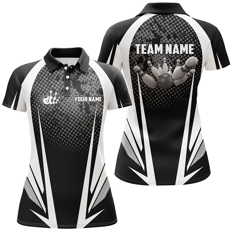 Damen-Bowling-Poloshirt – Individuelle Bowlingkugel und Pins, schwarz-weißes Team-Bowler-Trikot NQS5873