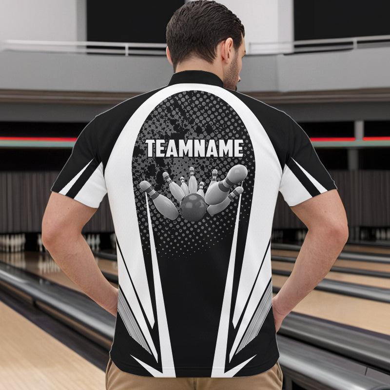 Herren-Bowling-Quarter-Zip-Shirt – Individuelle Bowlingkugel und Pins, schwarz-weißes Team-Bowler-Trikot NQS5873