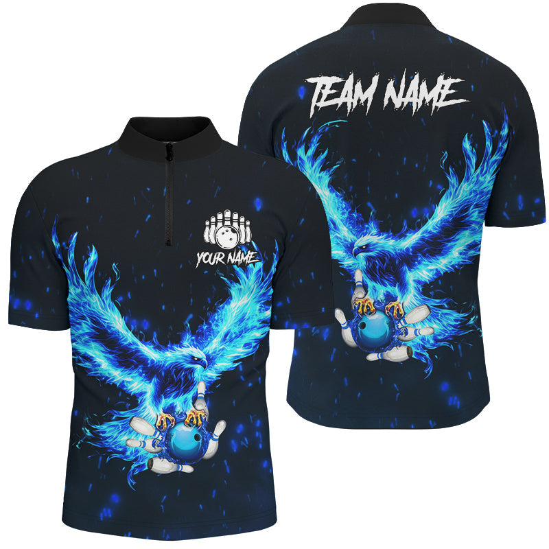 Blauer Flammenadler Maßgeschneidertes Bowling-Poloshirt, Viertelreißverschluss-Shirt für Herren, personalisierte Bowling-Team-Trikots NQS8906