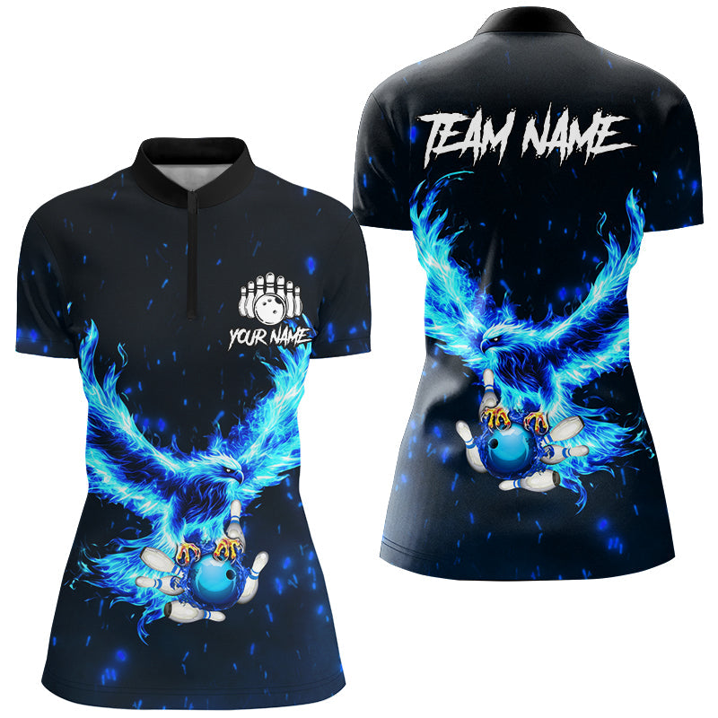 Blauer Flammenadler Maßgeschneidertes Bowling-Poloshirt, Viertelreißverschluss-Shirt für Damen, personalisierte Bowling-Team-Trikots NQS8906