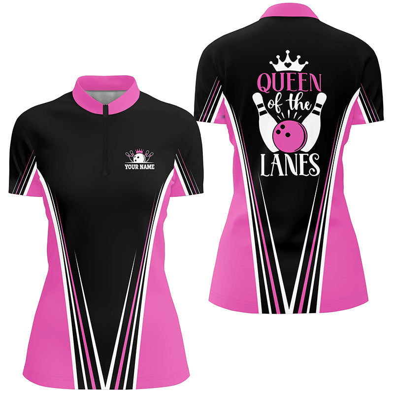 "Queen of the Lanes" Bowlinghemden mit Viertelreißverschluss für Damen, personalisiertes Geschenk für Bowling-Spielerinnen | Pink NQS5211