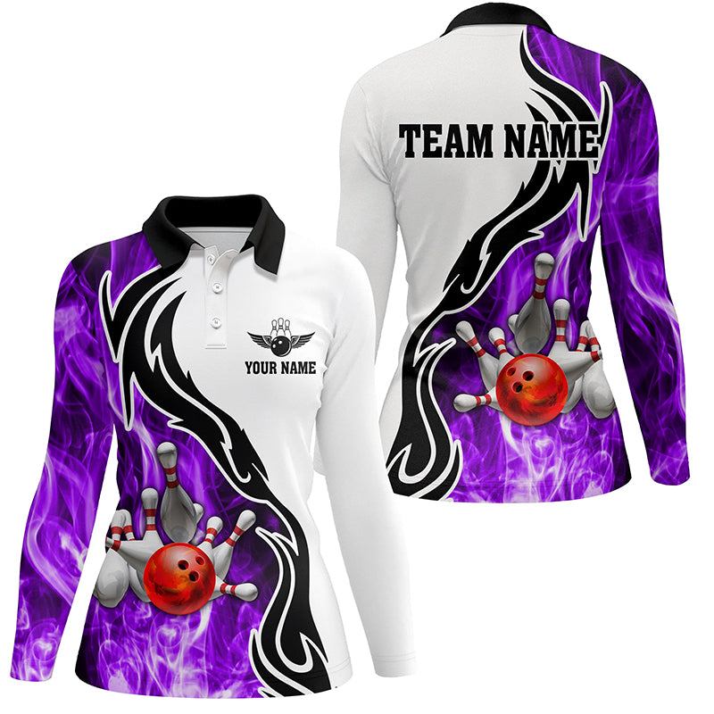 Damen-Bowling-Poloshirt – Individuelle Bowlingkugel & Pins, „Strike“-Team-Liga-Trikot, Bowling-Geschenke | Lila NQS6344